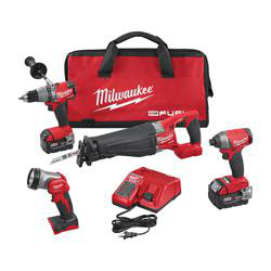 Milwaukee M18™ FUEL™ 4-Tool Combination Kits 1/2 in Hammer Drill/Driver, 1/4 in Hex Impact Driver, SAWZALL® Reciprocating Saw, Work Light