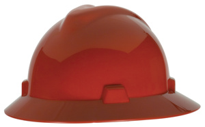 MSA Xcel V-Gard® Fas-Trac® Slotted Full Brim Hard Hats 6-1/2 - 8 in 4 Point Ratchet Red
