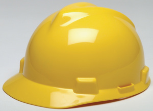 MSA V-Gard® Fas-Trac® Slotted Cap Brim Hard Hats 6-1/2 - 8 in 4 Point Ratchet Yellow