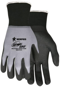 MCR Safety Ninja BNF-coated Palm and Fingertip Gloves Large Nitrile, Nylon Black/Gray with Dots