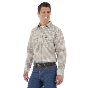 Wrangler FR Western Snap Work Shirts XL Khaki/White Plaid Mens