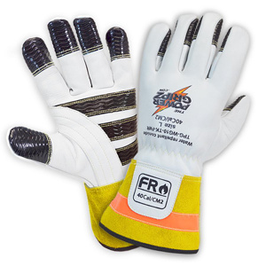 Power Gripz FR Gauntlet Cuff Leather Utility Work Gloves 2XL White/Yellow Cut A4, Puncture 3 Kevlar®, Cowhide Leather (Top Grain)