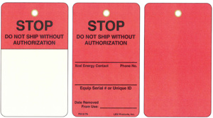 Trident Solutions LEM FN Series Self-laminating Stop Tags Stop Do Not Ship Without Authorization PVC Black on Red 3.25 x 5.5 in