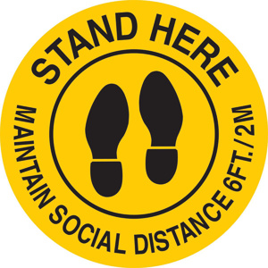 Brady B-534 Stand Here Maintain Social Distance 6 ft Safety Floor Signs 17 in Polyester Black on Yellow