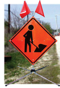 Dicke Safety Products DFX3000XP Series Fold & Roll™ Work Zone Sign Systems 48 in Utility Work Ahead Mesh (Non-reflective) Black on Orange