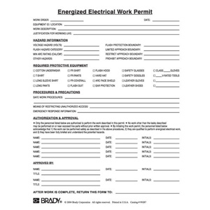 Brady Energized Electrical Work Permits Paper Black on White 8-1/2 x 11 in