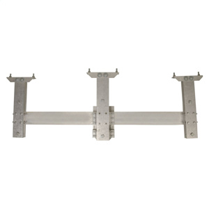 Lightweight aluminum bracket supports three reclosers on distribution pole.