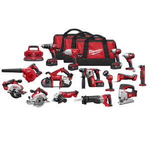 Milwaukee M18™ 15-Tool Combination Kits 1/2 High Torque Impact Wrench, 1/2 in Impact Wrench, 1/4 in Hex Impact Driver, 5-3/8 in Metal Saw, 6-1/2 in Circular Saw, Bandsaw, 1/2 in Compact Hammer Drill/Driver, Compact Blower, 4-1/2 in Cut-off/Grinder, 5/8 in