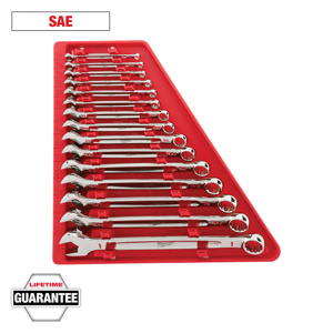 Milwaukee Combination Wrench Sets 15 Piece (1) 1/4 in, <multisep/>(1) 9/32 in, <multisep/>(1) 5/16 in, <multisep/>(1) 7/8 in, <multisep/>(1) 11/32 in, <multisep/>(1) 3/8 in, <multisep/>(1) 7/16 in, <multisep/>(1) 1/2 in, <multisep/>(1) 9/16 in, <multisep/