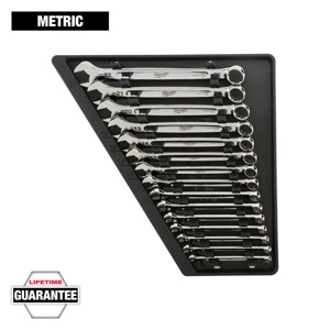 Milwaukee Combination Wrench Sets 15 Piece (1) 8 mm, <multisep/>(1) 9 mm, <multisep/>(1) 10 mm, <multisep/>(1) 11 mm, <multisep/>(1) 12 mm, <multisep/>(1) 13 mm, <multisep/>(1) 14 mm, <multisep/>(1) 15 mm, <multisep/>(1) 16 mm, <multisep/>(1) 17 mm, <mult