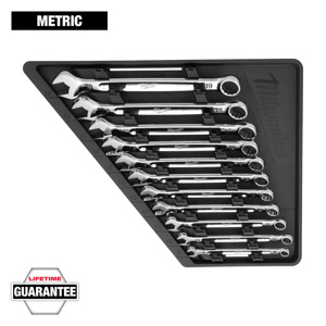 Milwaukee Combination Wrench Sets 11 Piece (1) 8 mm, <multisep/>(1) 10 mm, <multisep/>(1) 11 mm, <multisep/>(1) 12 mm, <multisep/>(1) 13 mm, <multisep/>(1) 14 mm, <multisep/>(1) 15 mm, <multisep/>(1) 16 mm, <multisep/>(1) 17 mm, <multisep/>(1) 18 mm, <mul