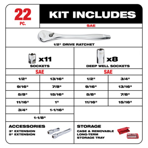 Milwaukee SAE Socket Sets Deep/Standard 1/2 in 22 Piece