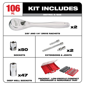 Milwaukee Metric / SAE Socket Sets Deep/Standard 1/4 in<multisep/>3/8 in 106 Piece