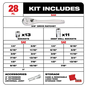 Milwaukee SAE Socket Sets Deep/Standard 3/8 in 28 Piece