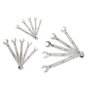 Milwaukee Combination Wrench Sets 15 Piece (1) 8 mm, <multisep/>(1) 9 mm, <multisep/>(1) 10 mm, <multisep/>(1) 11 mm, <multisep/>(1) 12 mm, <multisep/>(1) 13 mm, <multisep/>(1) 14 mm, <multisep/>(1) 15 mm, <multisep/>(1) 16 mm, <multisep/>(1) 17 mm, <mult