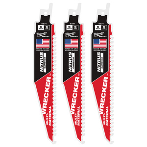 Milwaukee SAWZALL® Reciprocating Saw Blades 3 Piece 6 TPI 6 in Black Pipe, Drywall, Nail-embedded Wood, Rigid Conduit, Roofing Material Demo, Fang Tip