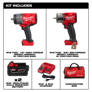 Milwaukee M18™ FUEL™ 2-Tool Combination Kits 2 Piece 1/2 in High Torque Impact Wrench, 3/8 in Mid-Torque Impact Wrench Cordless