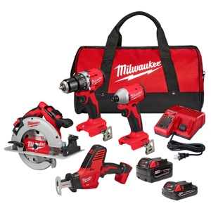 Milwaukee M18™ 4-Tool Combination Kits 4 Piece 1/2 in Compact Hammer Drill/Driver, Compact 1/4 in Hex 3-Speed Impact Driver, 7-1/4 in Circular Saw, HACKZALL™ Reciprocating Saw Cordless