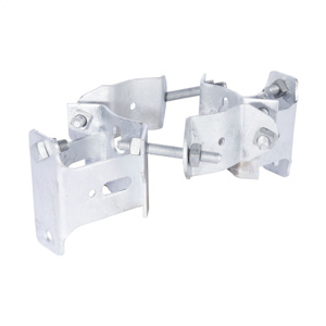 Steel, banded style transformer bracket for mounting 3 transformers with NEMA C lug spacing. Includes six 5/8" x 1-3/4" and six 3/4" x 1-3/4" square head machine bolts and nuts for type C transformer lugs.