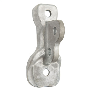 Pole eye plate has two 15/16" dia. pin hole for double clevis attachments. Rated for 42,000 lbs. tensile strength at 45 or 36,000 lbs. at 90 degrees. Has upper and lower 15/16" dia. holes for mounting bolts.