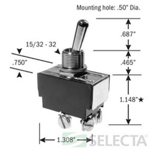 Selecta Products DPST Panel Switch Series Utility and Heavy Duty Bat Handle Toggle Switches 20/20 A Bat DPST, On-Off Screw
