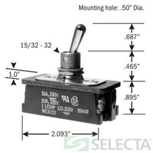 Selecta Products DPDT Panel Switch Series Utility and Heavy Duty Bat Handle Toggle Switches 20/10 A DPST Screw