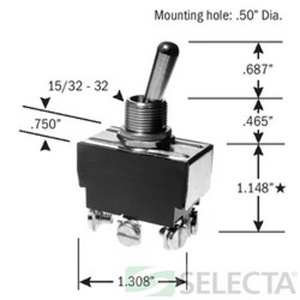 Selecta Products DPDT Panel Switch Series Utility and Heavy Duty Bat Handle Toggle Switches 20 A DPDT Screw
