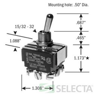 Selecta Products DPDT Panel Switch Series Utility and Heavy Duty Bat Handle Toggle Switches 15/10 A 3PDT Screw