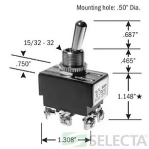 Selecta Products DPDT Panel Switch Series Utility and Heavy Duty Bat Handle Toggle Switches 15/10 A DPDT Screw
