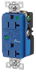 Hubbell Wiring Straight Blade Surge Protection Decorator Duplex Receptacles 20 A 125 V 2P3W 5-20R Hospital SpikeShield® Circuit Guard® Dry Location Blue