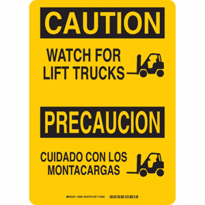 Brady B-120 Machine & Operational Safety Signs 14 x 10 in Caution- Watch For Lift Trucks/ Precaucion- Cuidado Con Los Montacargas Aluminum Black on Yellow