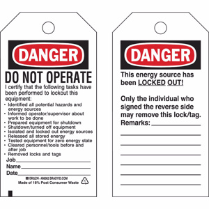 Brady B-837 Danger Do Not Operate Lockout Tags Locked out, individual who signed 5-3/4 x 3 in Black/Red on White