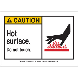 Brady B-120 Machine & Operational Safety Signs 7 x 10 in Caution- Hot Surface Do Not Touch Aluminum Black/Red on Yellow