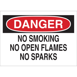 Brady B-120 No Smoking Safety Signs 10 x 14 in Danger- No Smoking No Open Flames No Sparks Aluminum Black/Red on White