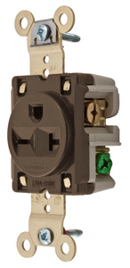 Hubbell Wiring Straight Blade Single Receptacles 20 A 250 V 2P3W 6-20R Specification HBL® Extra Heavy Duty Max Dry Location Brown