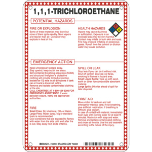Brady B-120 Hazardous Materials Safety Signs 10 x 7 in 1, 1, 1-Trichloroethane Aluminum Black/Blue/Red/Yellow on White
