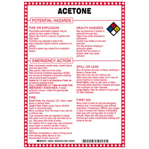 Brady B-120 Hazardous Materials Safety Signs 10 x 7 in Acetone Aluminum Black/Blue/Red/Yellow on White