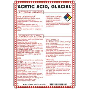 Brady B-120 Hazardous Materials Safety Signs 10 x 7 in Acetic Acid, Glacial Aluminum Black/Blue/Red/Yellow on White