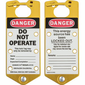 Brady Labeled Lockout Hasps This energy source has been locked out Gold Aluminum Alloy (5052)