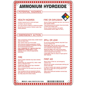 Brady B-120 Hazardous Materials Safety Signs 10 x 7 in Ammonium Hydroxide Aluminum Black/Blue/Red/Yellow on White