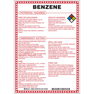 Brady B-120 Hazardous Materials Safety Signs 10 x 7 in Benzene Aluminum Black/Blue/Red/Yellow on White