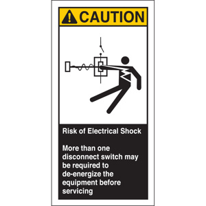 Brady B-302 Laminated Rectangle Cema Safety Labels Risk Of Electrical Shock More Than One <em class="search-results-highlight">Disconnect</em> Switch May Be Required to De-energize Polyester 6 x 3 in White/Yellow on Black