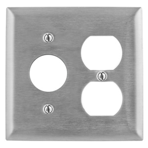 Hubbell Wiring Standard Duplex Round Hole Wallplates 2 Gang 1.40 in Metallic Stainless Steel 302/304 Device