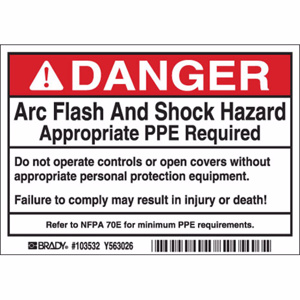 Brady B-302 Arc Flash Labels Danger- Arc Flash And Shock Hazard Appropriate PPE Required Polyester 3-1/2 x 5 in Black/Red on White