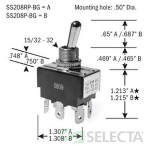 Selecta Products DPDT Panel Switch Series Utility and Heavy Duty Bat Handle Toggle Switches 15/10 A DPDT