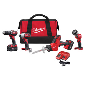 Milwaukee M18™ 4-Tool Combination Kits 1/2 in Hammer Drill/Driver, HACKZALL® Recip Saw, 1/4 in Hex Impact Driver, Work Light