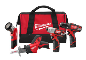 Milwaukee M12™ RED LITHIUM™ 4-Tool Combination Kits 3/8 in Drill/Driver, HACKZALL® Recip Saw, 1/4 Hex Impact Driver, Work Light Cordless 12 V