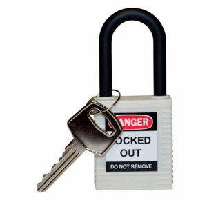 Brady Non-conductive Shackle Safety Padlocks White Fiberglass, Nylon 1-1/2 in Shackle Clearance, 1/4 in Shackle Diameter