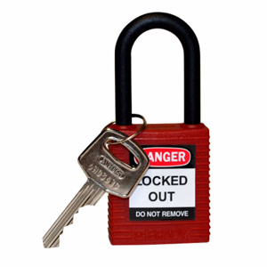 Brady Non-conductive Shackle Safety Padlocks Red Fiberglass, Nylon 1-1/2 in Shackle Clearance, 1/4 in Shackle Diameter