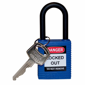 Brady Non-conductive Shackle Safety Padlocks Blue Fiberglass, Nylon 1-1/2 in Shackle Clearance, 1/4 in Shackle Diameter